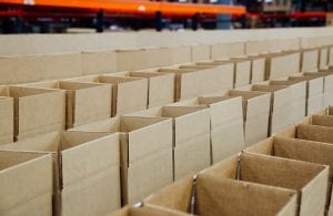 Erected corrugated boxes lined on conveyor