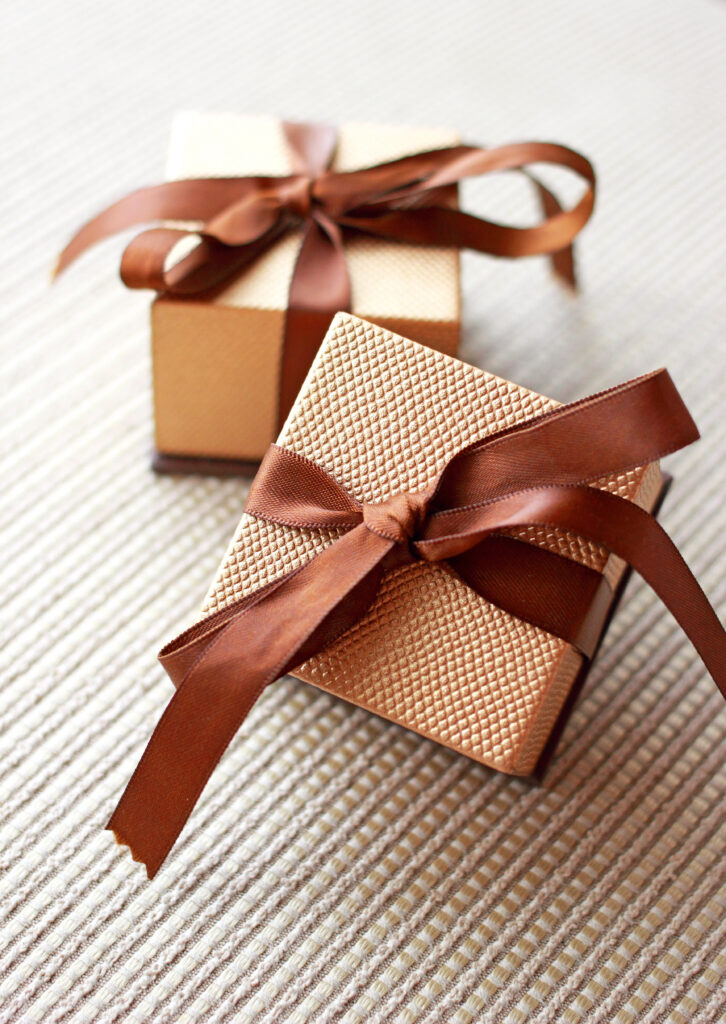 Brown boxes tied with ribbon