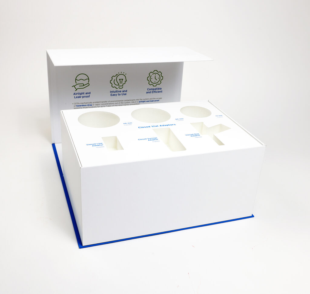 Caja para embalaje de dispositivo médico; compañía de embalaje para productos médicos; empaque para productos médicos; empaque de productos farmacológicos