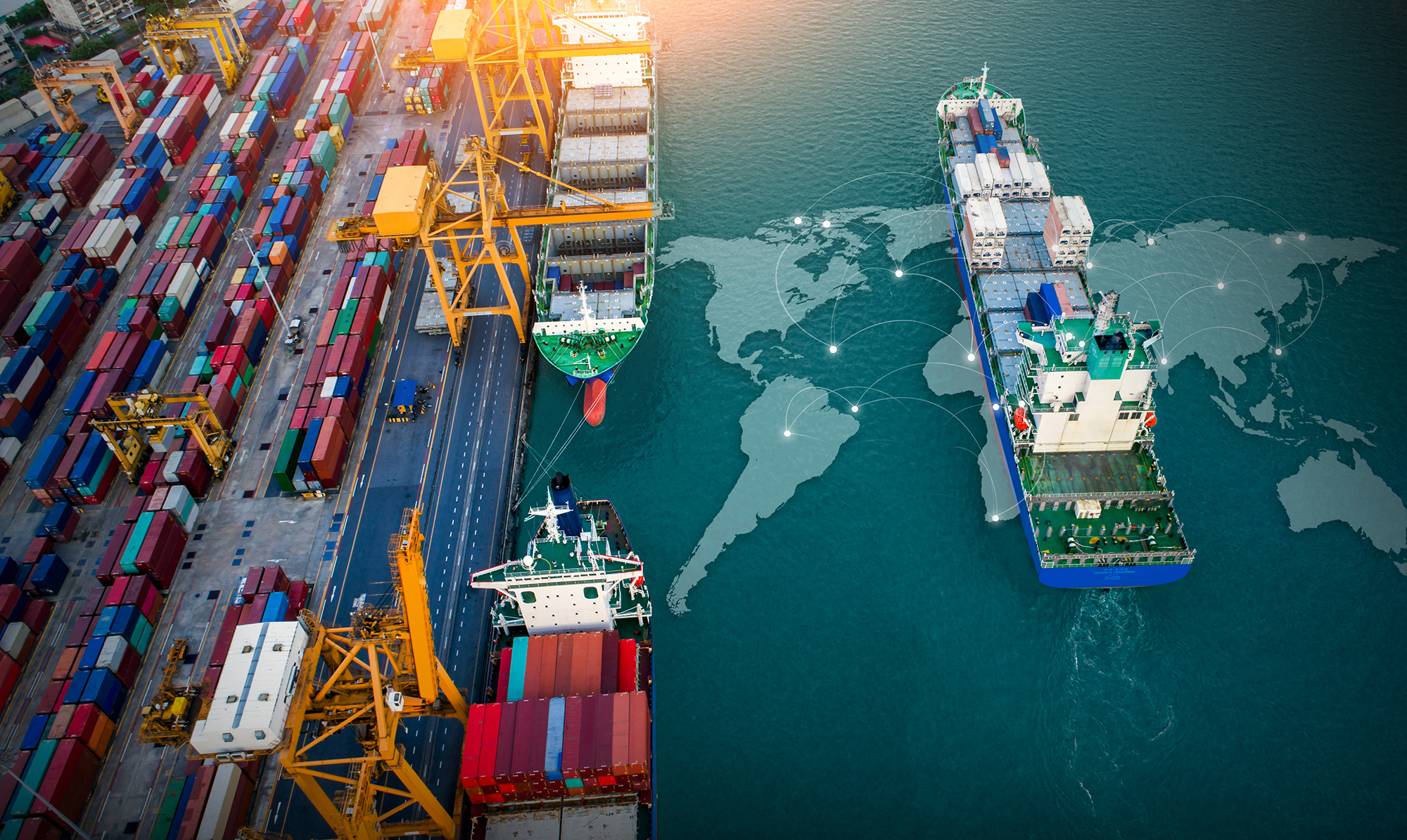 Aerial view of shipping containers; commercial trade logistic and transportation of international import export by container freight cargo ship with on worldmap