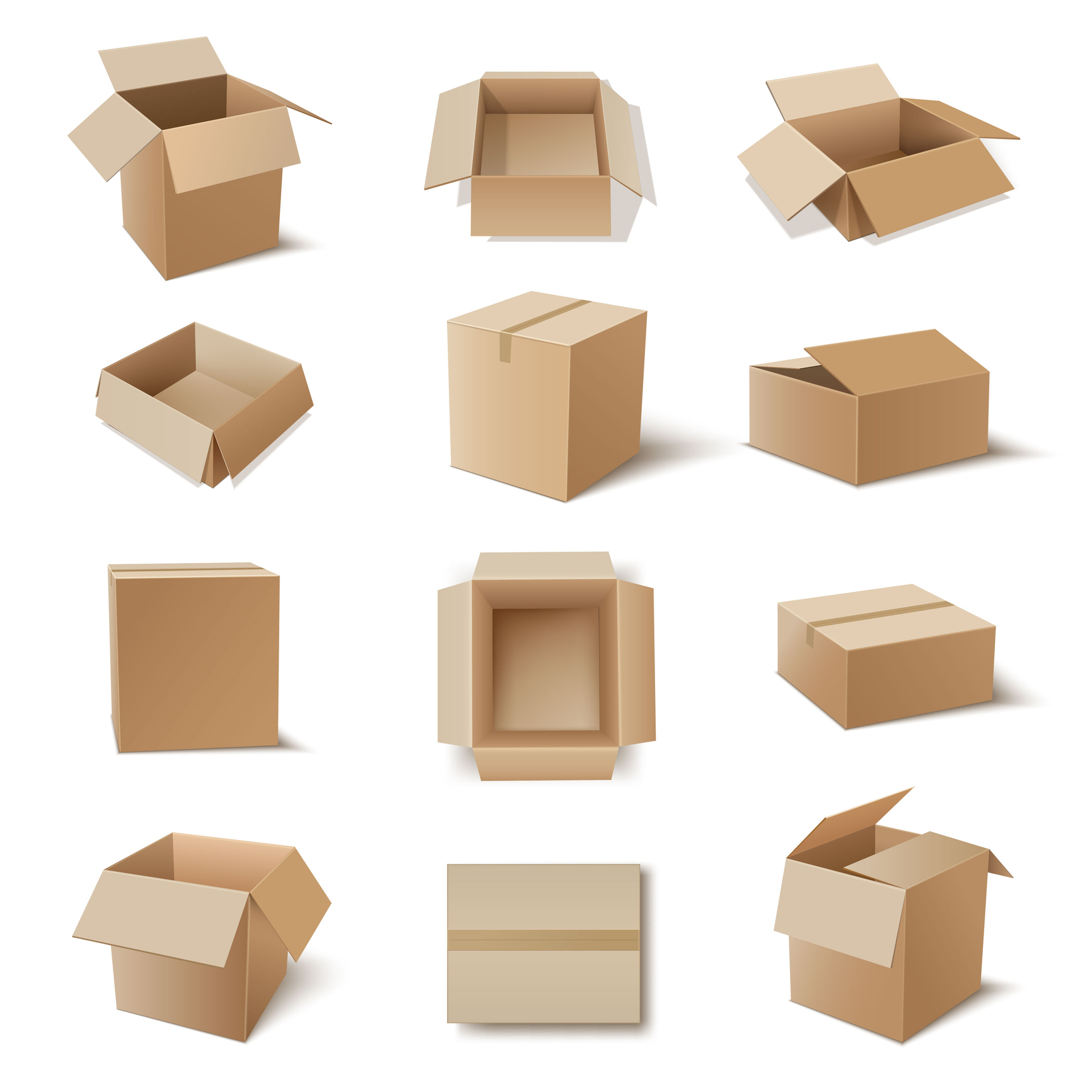Corrugated boxes in various stages of being opened and closed