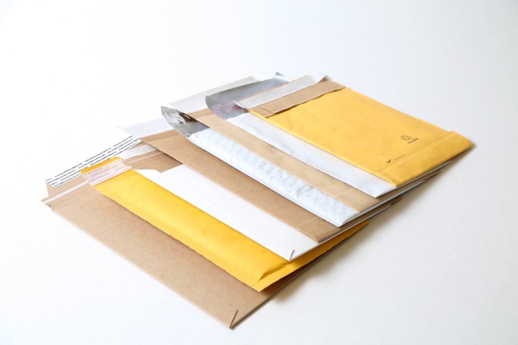 Different types of mailers lined up in a group