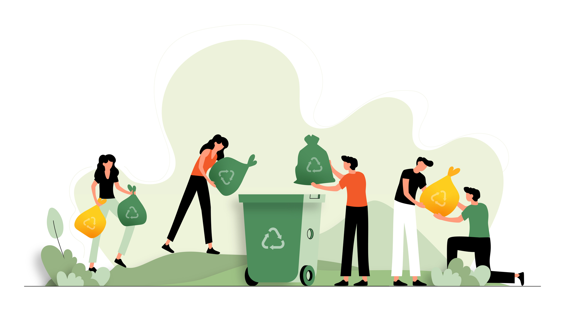 Vector graphic of people throwing large recycling bins into receptacle