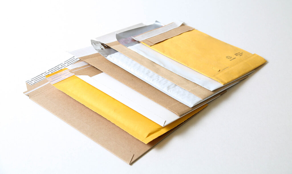 Different types of mailers lined up in a group; mailers packaging; custom poly mailers; padded mailers