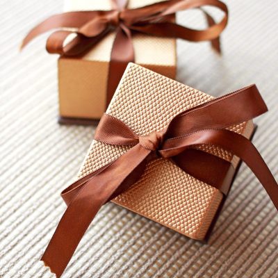 Brown boxes tied with ribbon